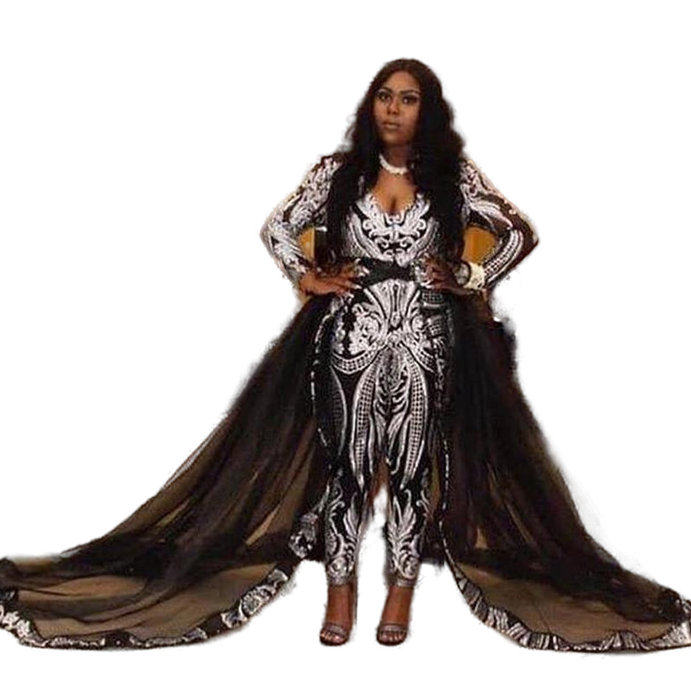 Chic African Black And White Jumpsuits Evening Dresses For Women 2024 Deep V Neck Long Sleeves Gliiter Sequins Appliques Prom Dress With Detachable Sk