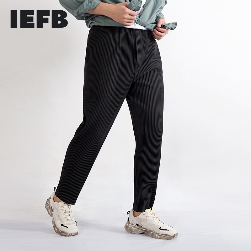 IEFB High Quality Pleated Wide Leg Slim Casual Pants Men's Loose Straight Pants Elastic Waist Loose Causal Trousers 210524