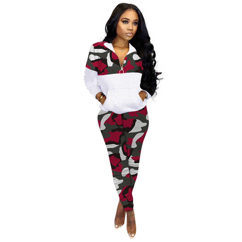 Winter Sale Ladies Casual Pullover Front Pocket Sweatshirts+Camouflage Straight Pants Plus Size Women Clothing Two Piece Set 210604