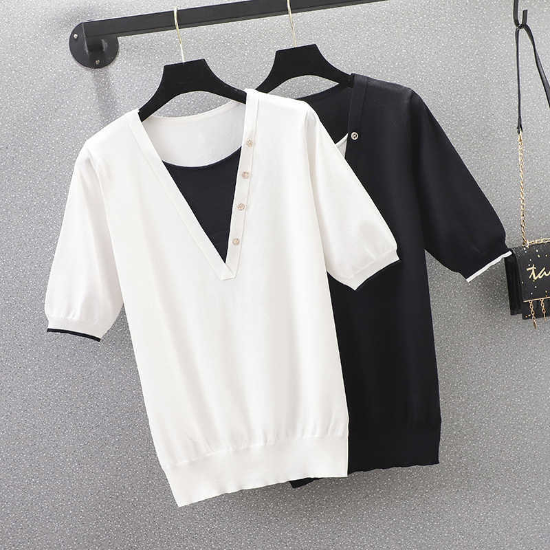 plus size women short sleeve Summer sweater pullover Patchwork button loose casual kint Oversized sweaters jumper mujer 210604, Black
plus size women short sleeve Summer sweater pullover Patchwork button loose casual kint Oversized sweaters jumper mujer 210604, Black