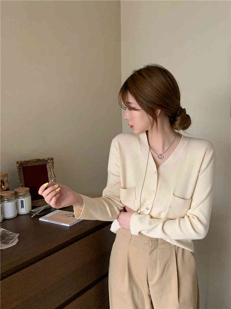 3 colors autumn korean style street Women v neck Cardigan Sweater coat Female Outwear long sleeve Knitted tops (R99443 210423