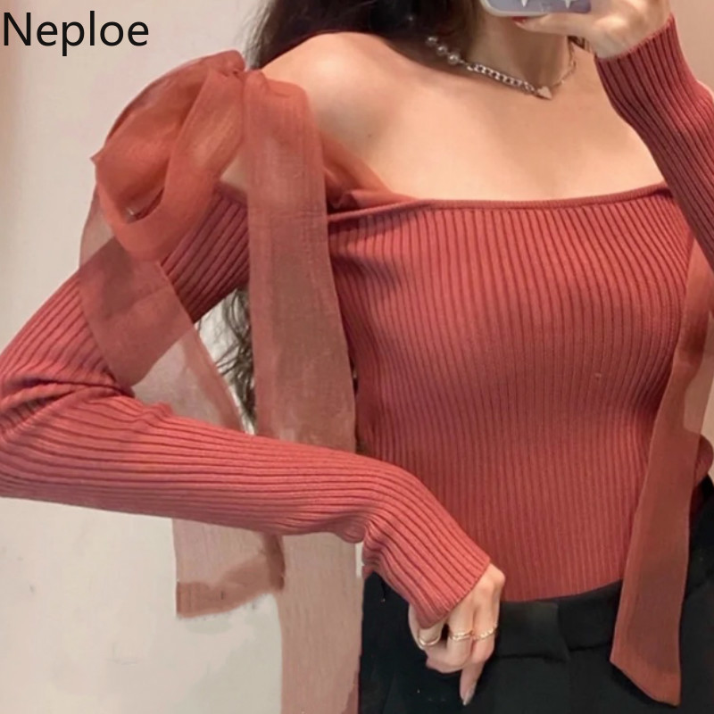 Neploe Sexy Slash Neck Pullovers Tops Gauze Bow Off Shoulder Knitted Cropped Sweaters Women Sweet Jumper Sueter Mujer 4G931 210422