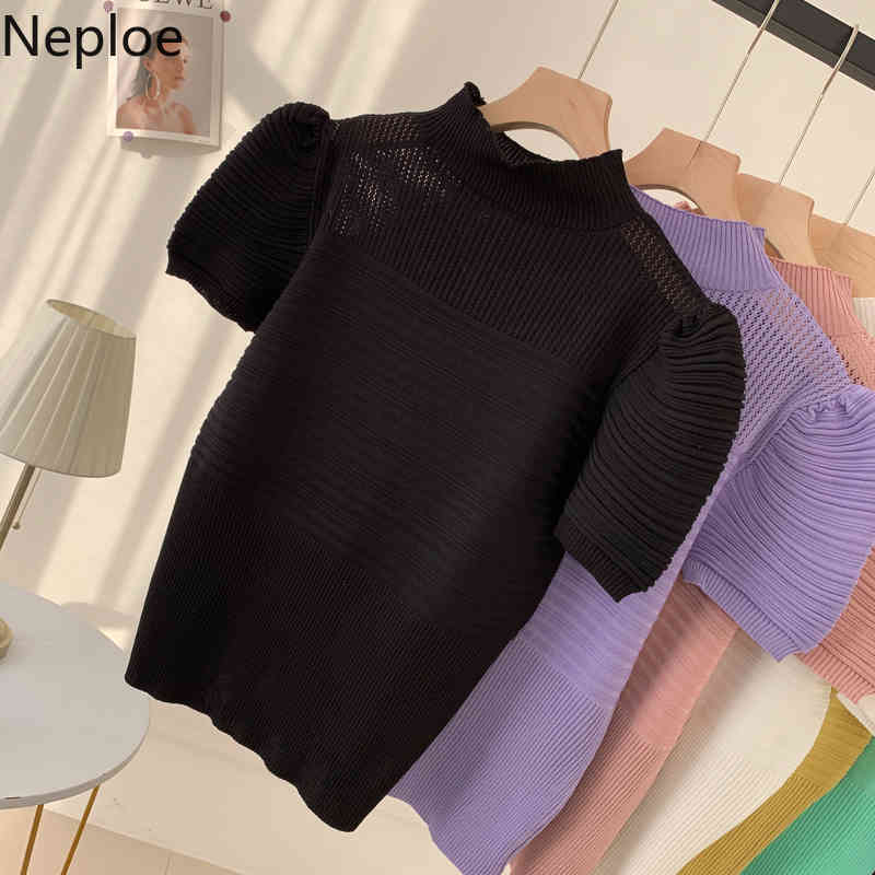 Neploe Women Pullovers Half Turtleneck Knitted Sweater Summer Puff Short Sleeve Solid Jumper Shirts Korean Hollow Out Slim Top 210422