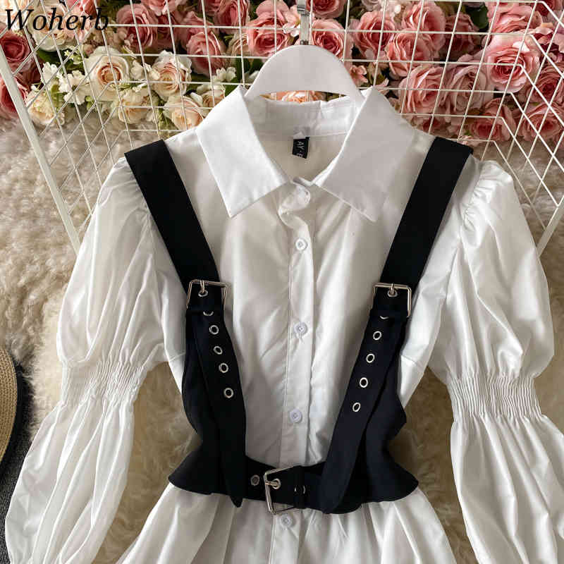 Women Casual All Match Two Pieces Set Black Belt Vest + Long Puff Sleeve White Shirt Blouse Korean Cool Streetwear 210519