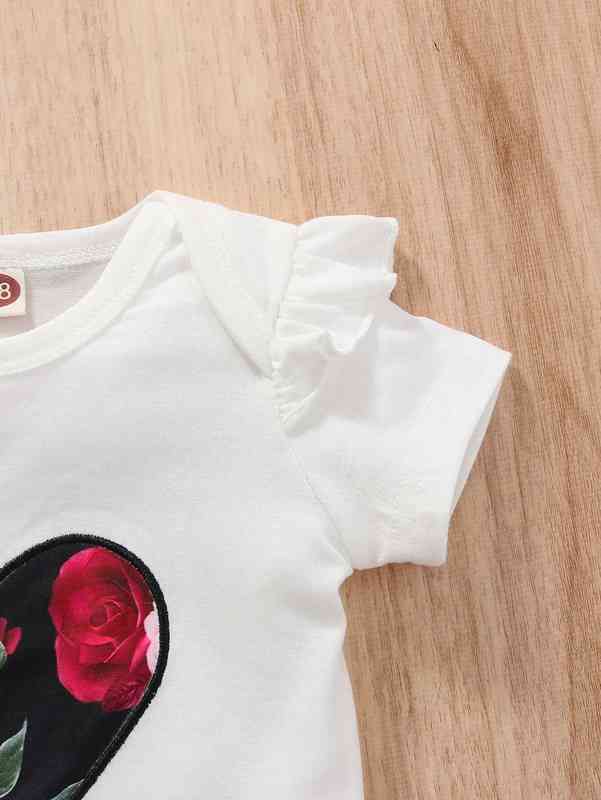Baby Floral Print Heart Embroidery Bodysuit & Shorts With Headband SHE