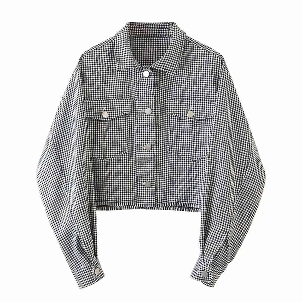 BBWM Spring Drop Shoulder Check Plaid Short Jacket Vintage Women Lapel Pockets Single Breasted Draped Outerwear 210520