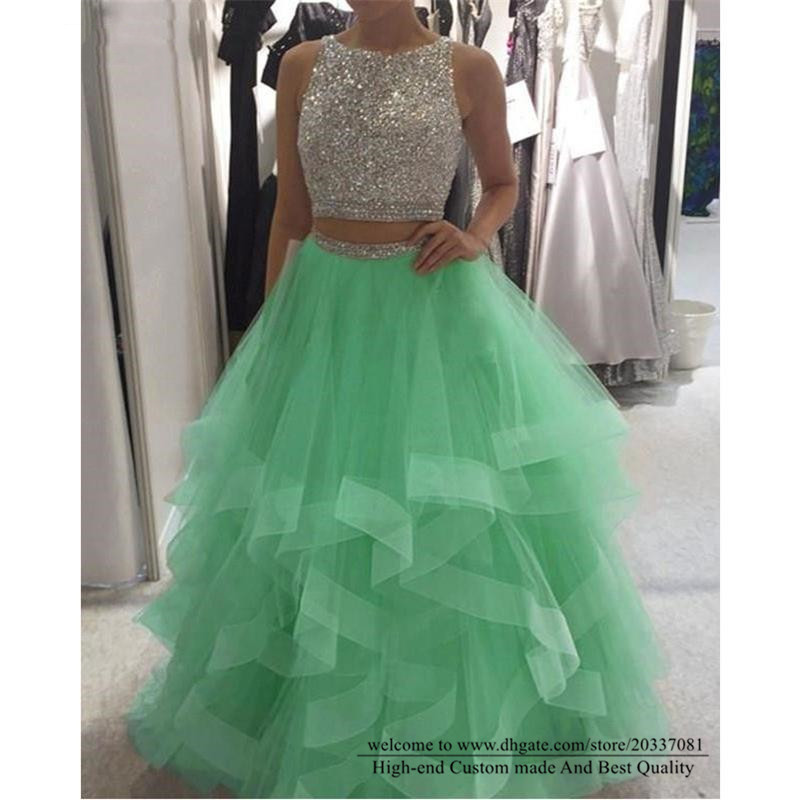 Quinceanera Dresses 2021 Two Pieces Sexy Backless Crystal Sequins Party Prom Formal Tulle Ball Gown Vestidos De 15 Anos Q12
