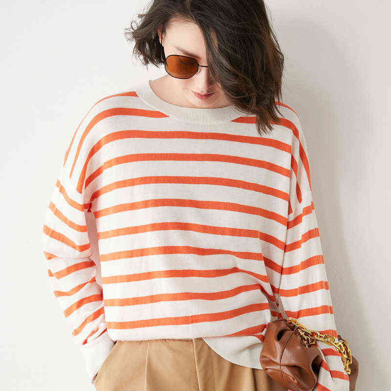 GCAROL Women Color Spliced Stripes Sweater Drop Shoulder Loose Elegant Knit Pullover Soft Stretch Spring Autumn Winter Jumper 211109