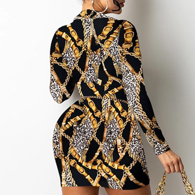 High Quality Vintage Chain Print Bodycon Mini Dress For Women: Sexy Long Sleeve Club Wear B5