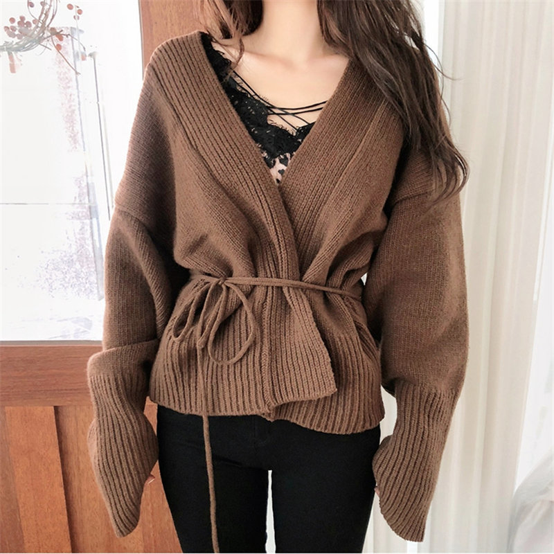Autumn Chic All-Match Open Stitch Lace-Up Cute Sexy Regular High Street V-Neck Loose Cardigans Casual Knitted Sweaters 210421