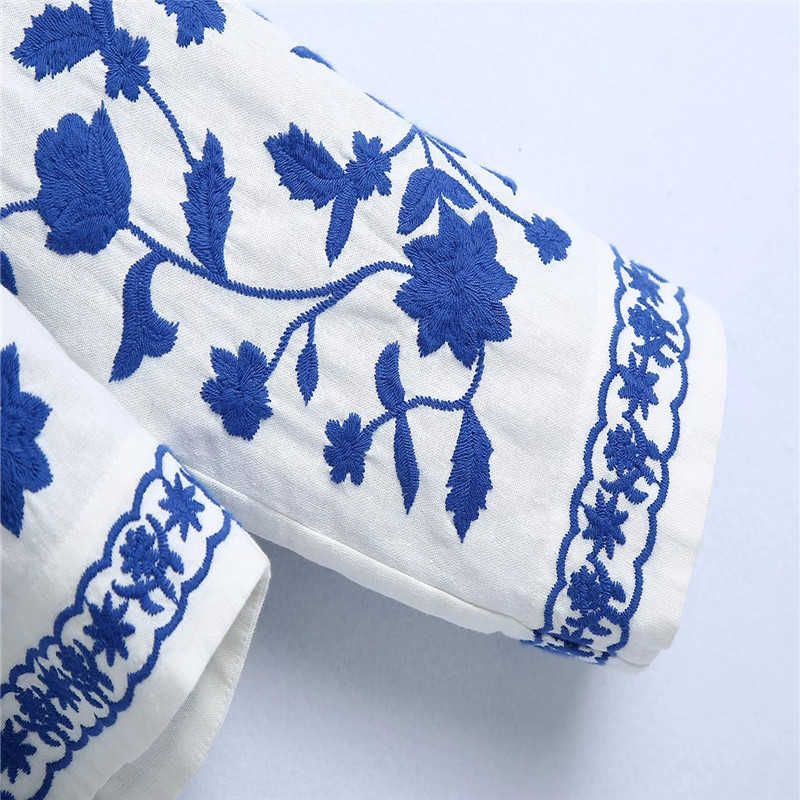Za Blue Embroidered Shirt Women Elegant Long Sleeve Button Up Summer Top Female Fashion Fit Embroidery Blouse Blusas 210602