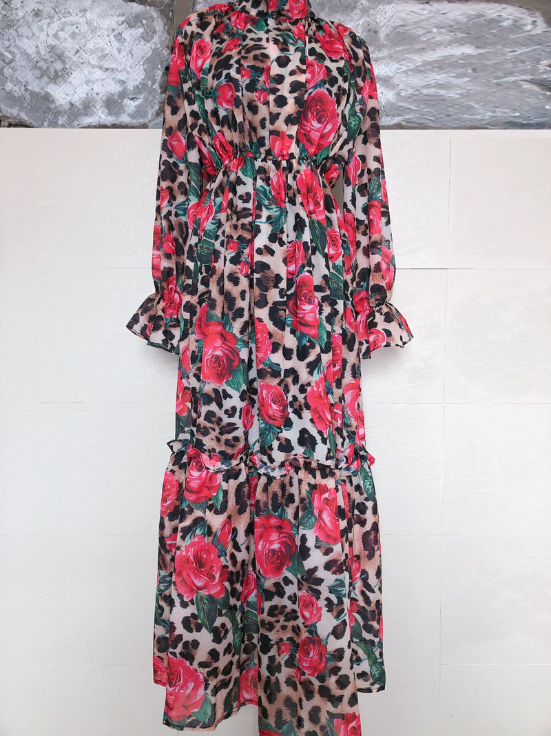 Spring Fashion Runway Maxi Dress Women's Long Sleeve Vintage Tiered Tulip Leopard Floral Printed vestidos 210421