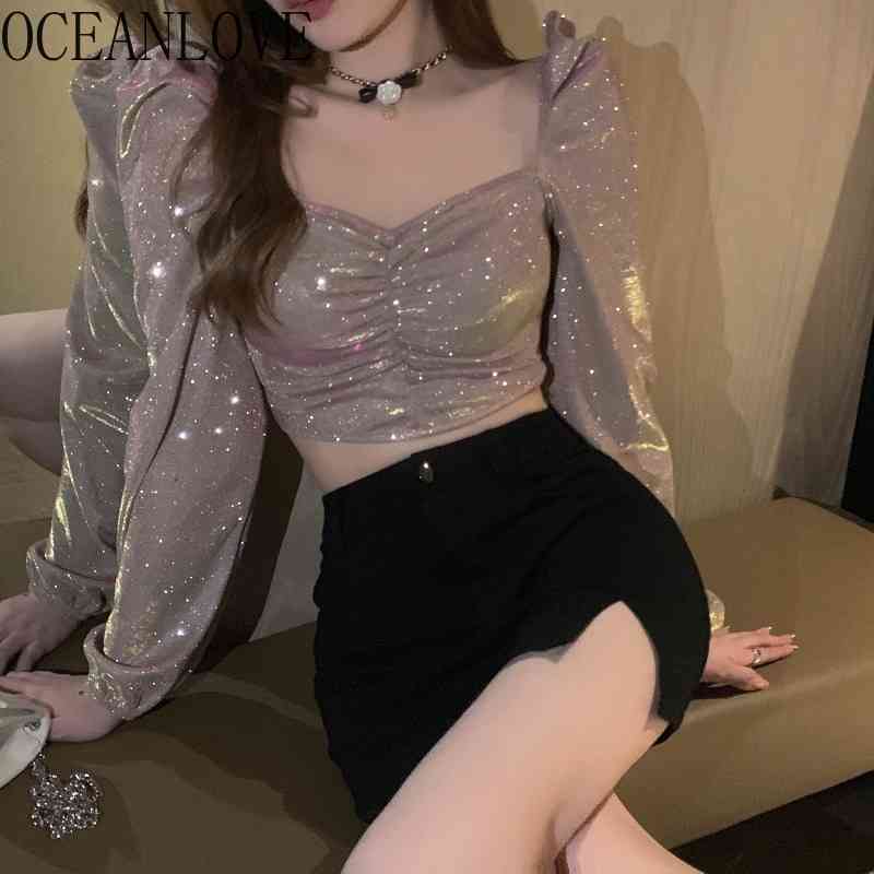 Sexy Party Solid Blusas Korean Pleated Shiny Puff Sleeve Vintage Spring Summer Ropa Mujer Slim Ins Women Blouses 210415