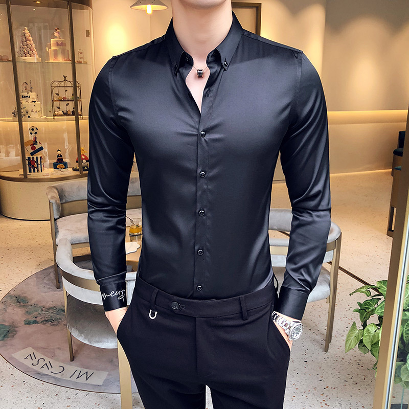 Neckline Embroidery Mens Shirts Long Sleeve Casual Slim Fit Men Dress Shirts Solid Color Formal Business Social Clothing Blouse 210410