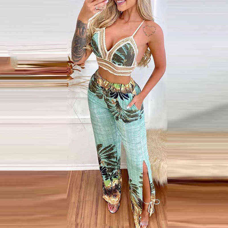 Summer Women Sexy Two Piece Holiday Wear V Neck Sleeveless Tropical Print Lace Trim Crop Top & Slit Casual Long Pants Set 211105