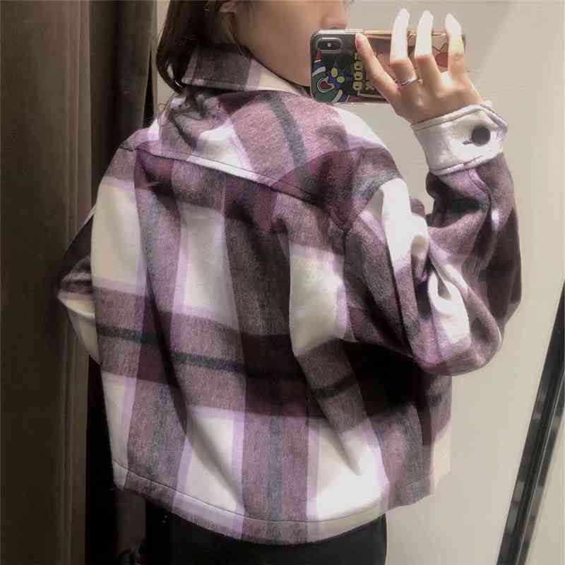 Streetwear Women Purple Plaid Shirts Fashion Ladies Turn Down Collar Tops Causal Female Chic Pocket Short Blouses 210430