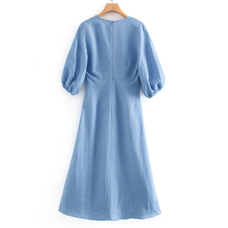 Solid Color Casual Puff Sleeve V-neck Midi Women's Dress Simple Style and Calf Leisure Vacation Chic Female Dresses 210507