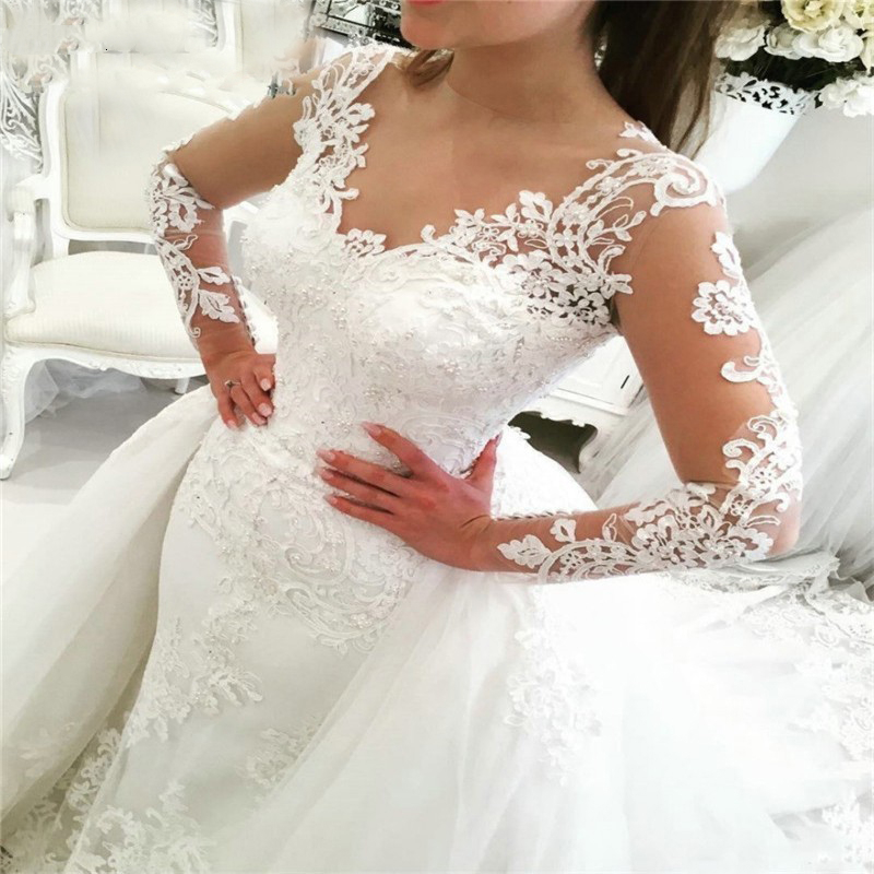 Luxury Lace Long Sleeve Mermaid Wedding Dresses Bridal Gowns with Detachable Skirt Backless Court Trains Saudi Arabic White Ivory Tulle Bride Dress ro