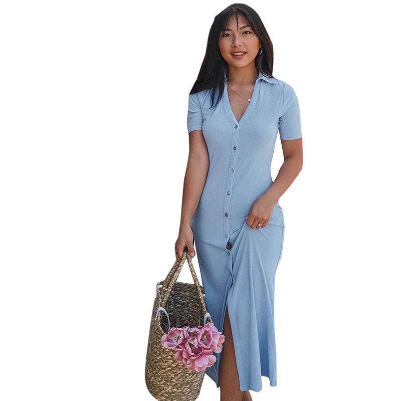 Women's summer casual Dress short-sleeved A-Line dress pure color single-breasted slim Mid-Calf clothing women 210508