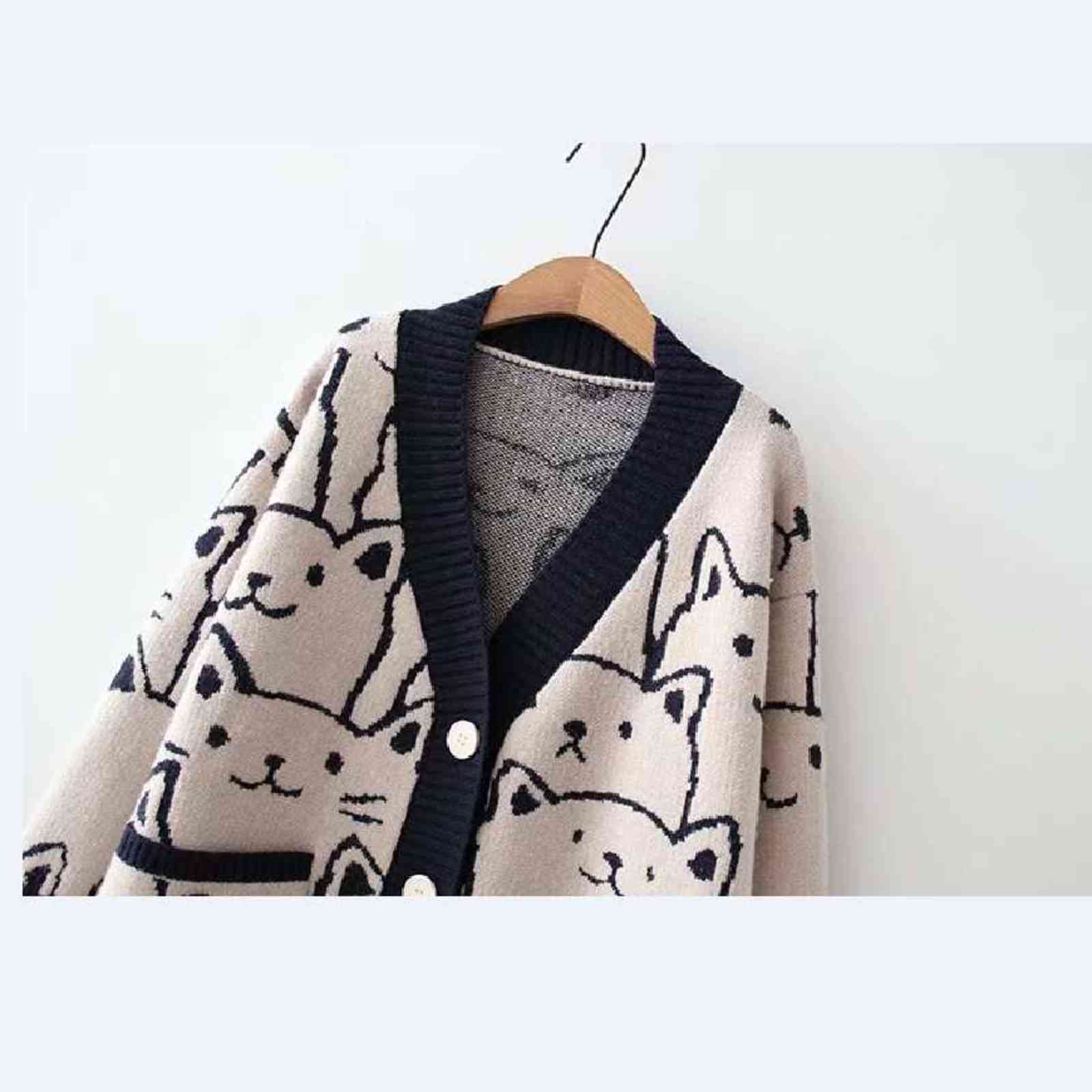 Fashion Cartoon V-neck Cardigan Sweater Women Autumn Winter Cute Cat Retro Professional Long-sleeved Knitted Coat 211117