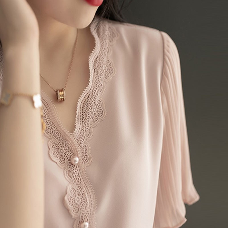 Short-sleeved Blouse Summer Chiffon Soft Lace Shirt V Collar White Top Ruffled Sleeve Women's and 14270 210427