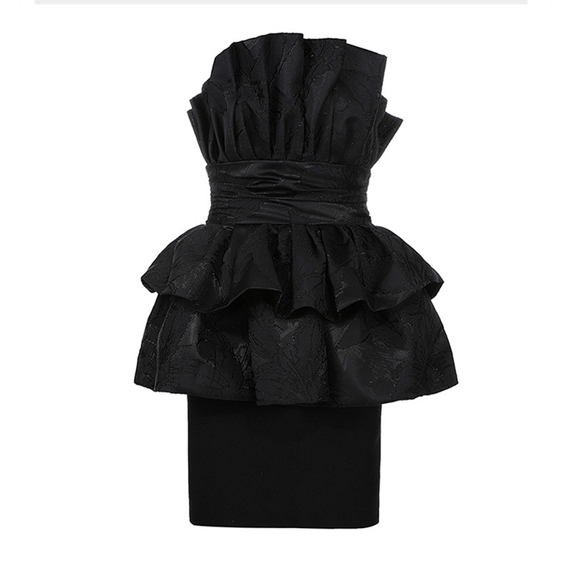 VGH Black Sexy Two Piece Set For Women Strapless Sleeveless Shirt High Waist Bodycon Skirts Female Sets Fashion New clothes 210421