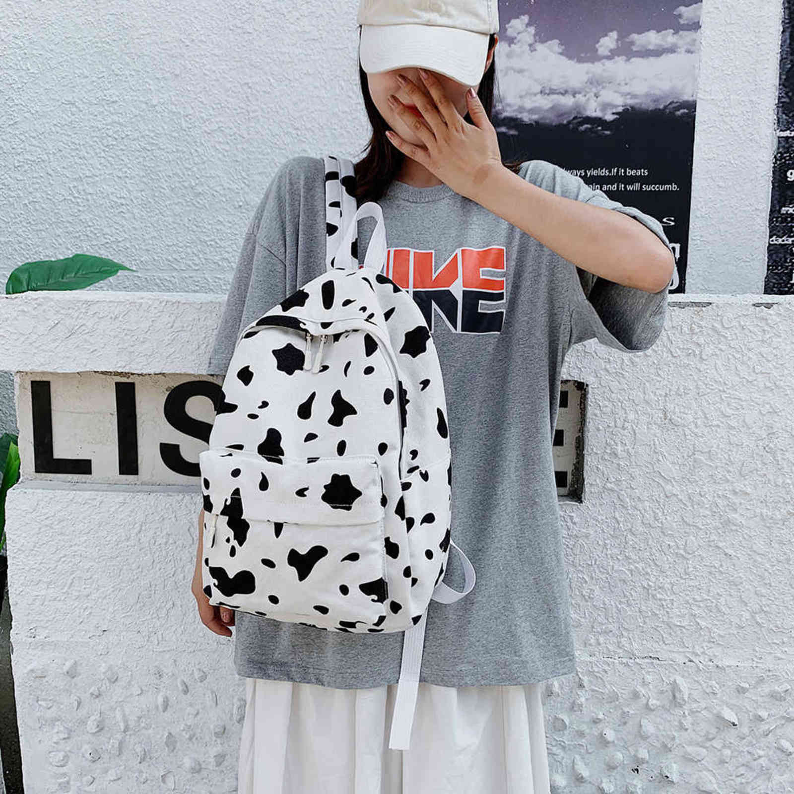Cow Pattern Backpack For School Teenagers Girls Vintage Casual School Bag Mochila Feminina Laptop Bagpacks Bookbag Travel Bag Y1105
