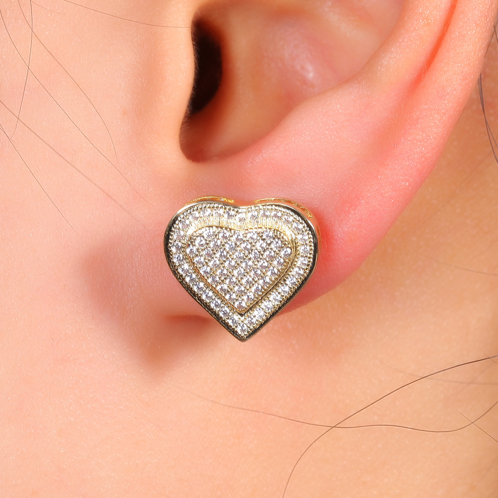 Real Gold Plated 925 Sterling Silver Stud Earring Hip Hop Cubic Zirconia Square Heart Love Polygon Earrings Studs for Men Women Bling Diamond Rapper J