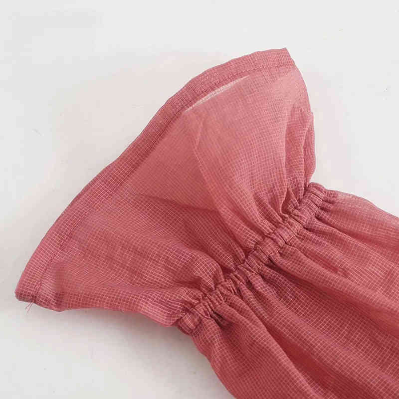 Women Elegant Pink Ruffled Blouses V Neck Long Sleeve Sweet Plaid Shirt Ladies See Through Chic Tops Blusas Mujer 210515