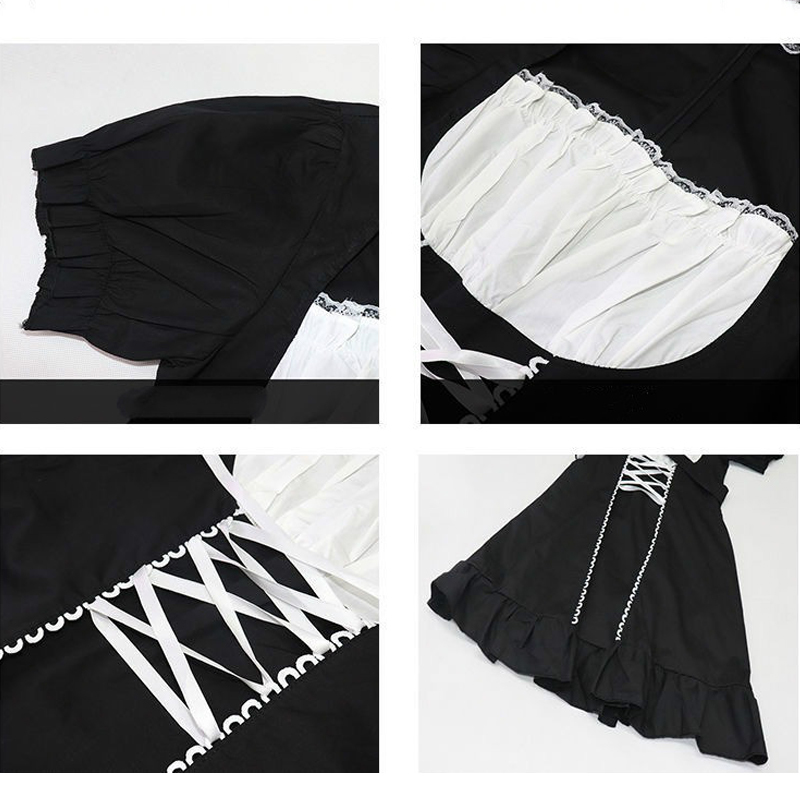 QWEEK Women's Maid Dress Kawaii Lolita Outfit French Maid Costumes Cosplay Bandage Dress Sexy Waitress Dress Puff Sleeve Uniform 210331