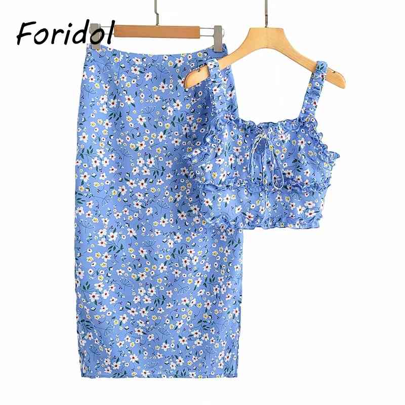 Foridol Floral Print Long Dress Set Suits Women Summer Sleeveless Boho Beach Blue Dress Casual Bodycon Australia Dress 210415
