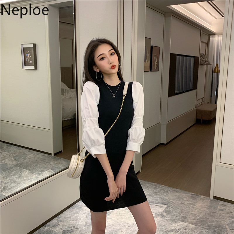 Neploe Fashion Mini Dresses Patchwork Contrast Color Bodycon Dress for Women Sweet Robe Korean Slim Waist Knit Vestidos 210422