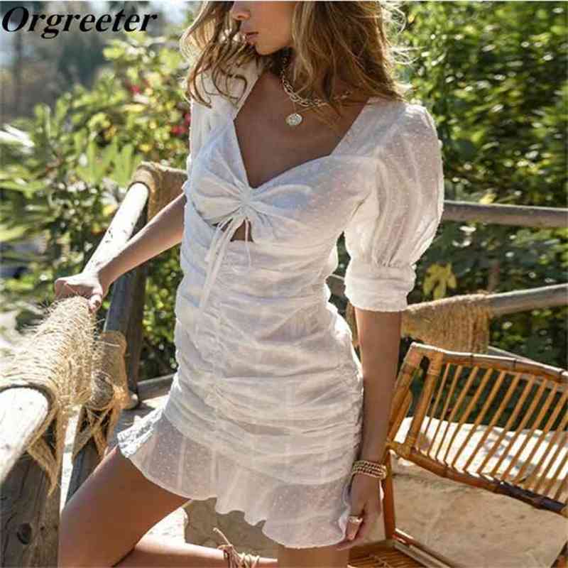 Sexy V-neck Backless Puff sleeve White Folds Sheath Dress Summer Hollow out Drawstring Cute Dot Bodycon Mini Mermaid 210602
Sexy V-neck Backless Puff sleeve White Folds Sheath Dress Summer Hollow out Drawstring Cute Dot Bodycon Mini Mermaid 210602