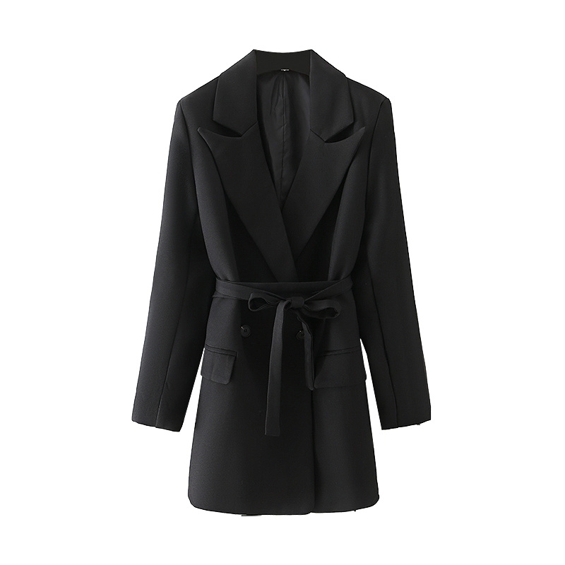 Elegant Women Solid Notched Collar Blazers Fashion Ladies Sashes Pocket Jacket Causal Female Chic Slim Long Coats 210430