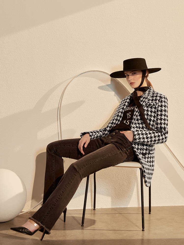 Minimalism Winter Women's Coat Fashion Vintage Lapel Houndstooth Woolen Double breasted Female Jacket 12070584 210527