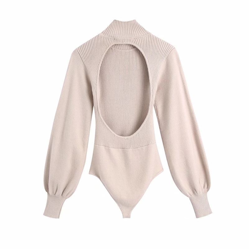 Casual Woman Stretchy Turtleneck Backless Knit BodySuits Spring Fsihon Lantern Sleeve Bodysuit Female Chic Bodysuits 210515