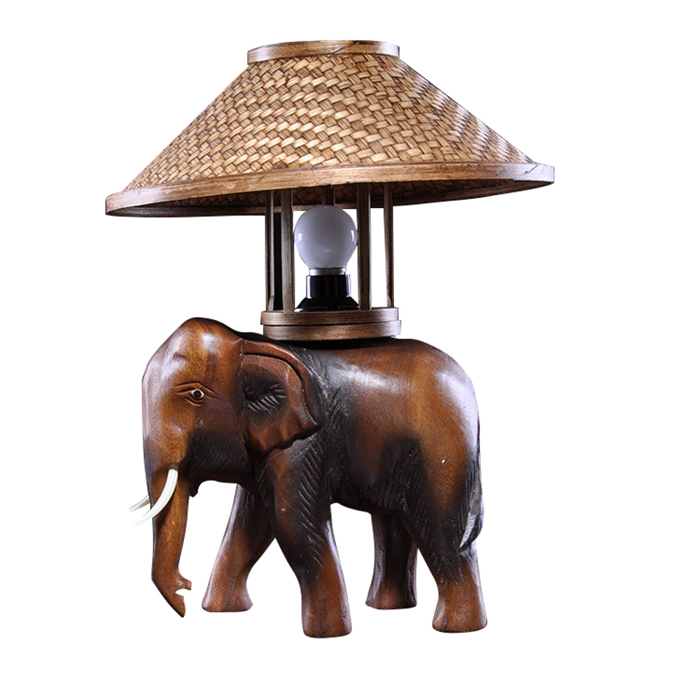 Solid Wood Elephant Table Lamps Creative Living Room Bedroom Bedside Night Light Bamboo Carving Small AnimalHandicraft Lamp Home Indoor Decorativ