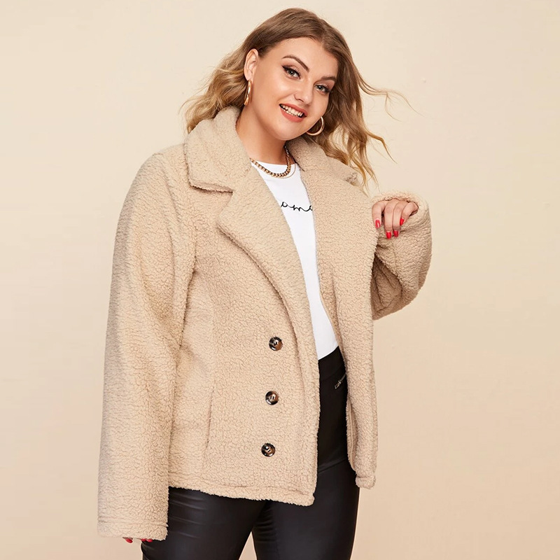 Double Breasted Lambswool Plus Size Jacket Women Casual Solid Color Oversize Coat Fashion Winter Jacket For Women New 210413