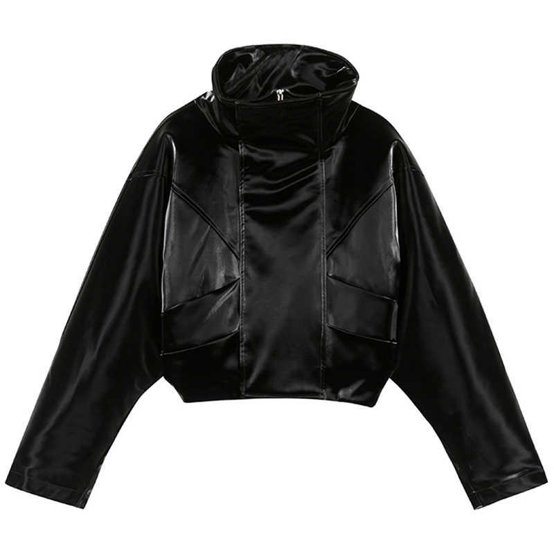 Lautaro Zip up Patent Leather Jacket Women Long Sleeve Reflective Clothing Short Oversized Soft Faux Leather Jackets for Women 210908