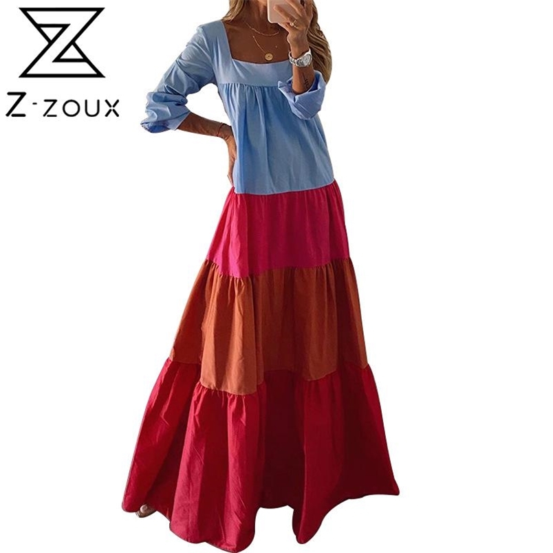 Women Dress Square Collar Color Matching Bohemian es Long Sleeve Loose Casual Maxi Plus Size Ladies es 210513