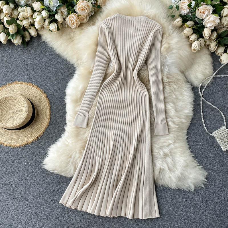 Auutmn Winter Kneet Dress Women Slim Long Sleeve A Line Sweater Dresses Ladies Elegant Knit Robe Vestidos Mujer Casual