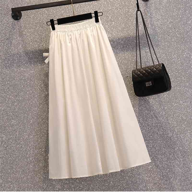 plus size Summer korean 2 piece set Women Black Puff Sleeve T-Shirt Top and High Waist White Bow Midi Skirts Suit Female 210519