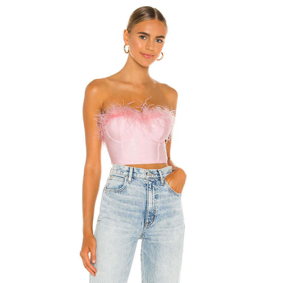 Summer Style Feather Decoration Sexy Corset Elastic Women Crop Top Short Tank 210525