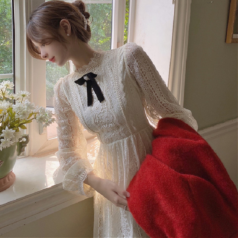 Vintage Dress Women French Elegant Lace Midi Dress Female Sweet Bow Casual Long Sleeve Dress Korean Spring Chic 210521