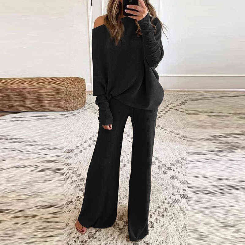 Winter Elegant O-Neck Pullover Tops And Loose Pants Suits Female Rib Streetwear Casual Women Solid Color Two Piece Sets 211105
