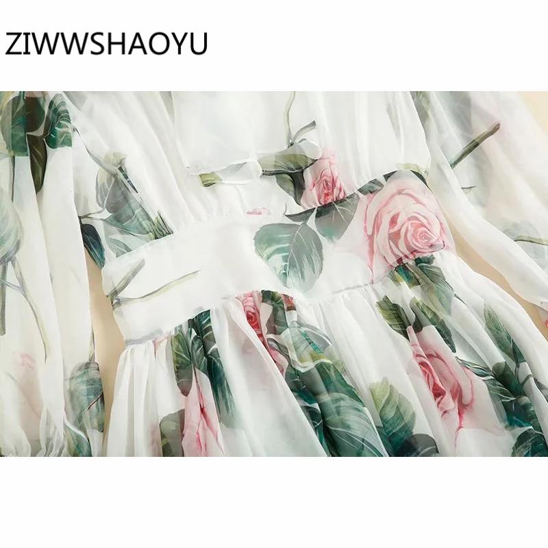 Female Summer Elegant Fashion Midi Dresses Runway Designer Women Bow Tie Floral Print High Waist Flowy Dress Casual