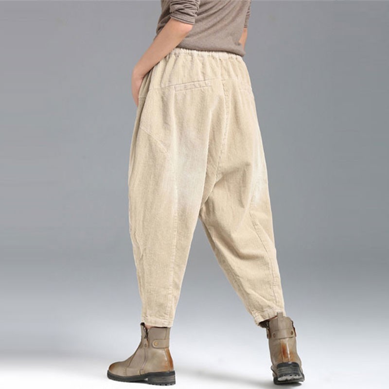 Spring Autumn Arts Style Women Elastic Waist Loose Cotton Corduroy Pants Plus Size Femme Vintage Harem V43 210512