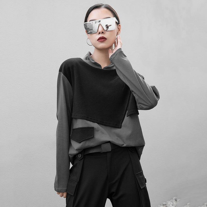 EAM Women Gray Contrast Color Big Size Irregular Tshirt Turtleneck Long Sleeve Fashion Spring Autumn 1DB350 210406
