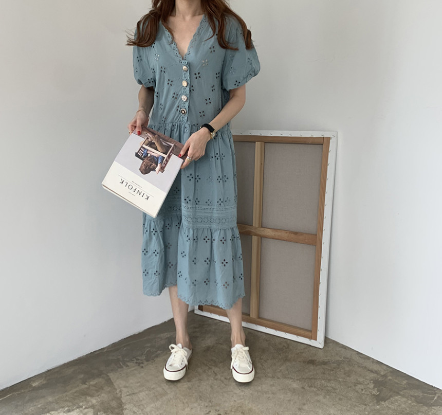 V-neck Woman Summer Maxi Long Dress Lace Hollow Out Puff Sleeve Sexy Robe Loose Ladies Dresses Vintage Korean Vestidos 210519