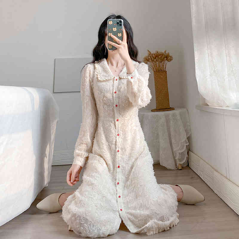 Spring French Vintage Sweet Dress Women Doll Collar Single Breasted Button high waist vestido feminino 12914 210506